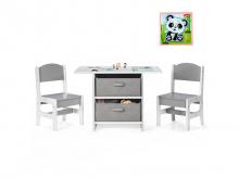 Dětský stůl HY10156, se 2 dřevěnými židlemi, 2 vyjímatelnými košíky, širokou deskou, bílo-šedý