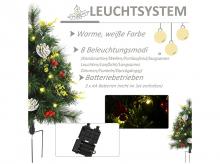 Umělý vánoční stromek 830-301, sada 2 ks, mini, se šiškami a červenými bobulemi, koulemi, LED světly, IP44, PVC, kov, zelený, 33 x 75 cm