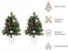 Umělý vánoční stromek 830-301, sada 2 ks, mini, se šiškami a červenými bobulemi, koulemi, LED světly, IP44, PVC, kov, zelený, 33 x 75 cm