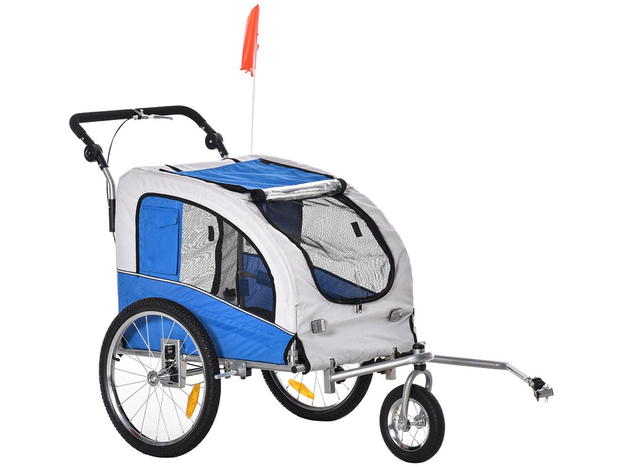 Cyklistický vozík pro psy 5663-1291, přívěs na kolo, 2v1, kočárek pro mazlíčky, se stříškou a úložnými kapsami, modrý
