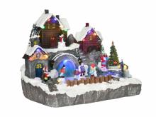 Vánoční dekorace 830-586V90MX, osvětlená vánoční vesnička, LED světla, rotující strom a kluziště, 32 x 25,5 x 24 cm