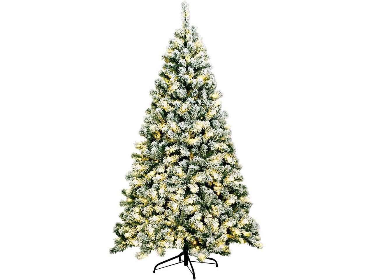Umělý vánoční stromek CM22870DE, osvětlený, zasněžený, se skládacím kovovým stojanem, 225 cm