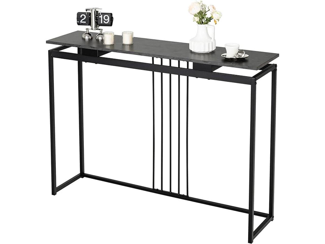 Konzolový stolek JV10489BK, deska z umělého mramoru, kovový rám, stolek do jídelny, vstupní chodby, obývacího pokoje, černý