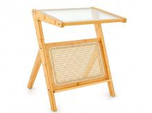 Malý odkládací stolek COSTWAY JV11091NA, bambusový noční stolek s držákem na časopis a deskou z tvrzeného skla, 50×36×56 cm