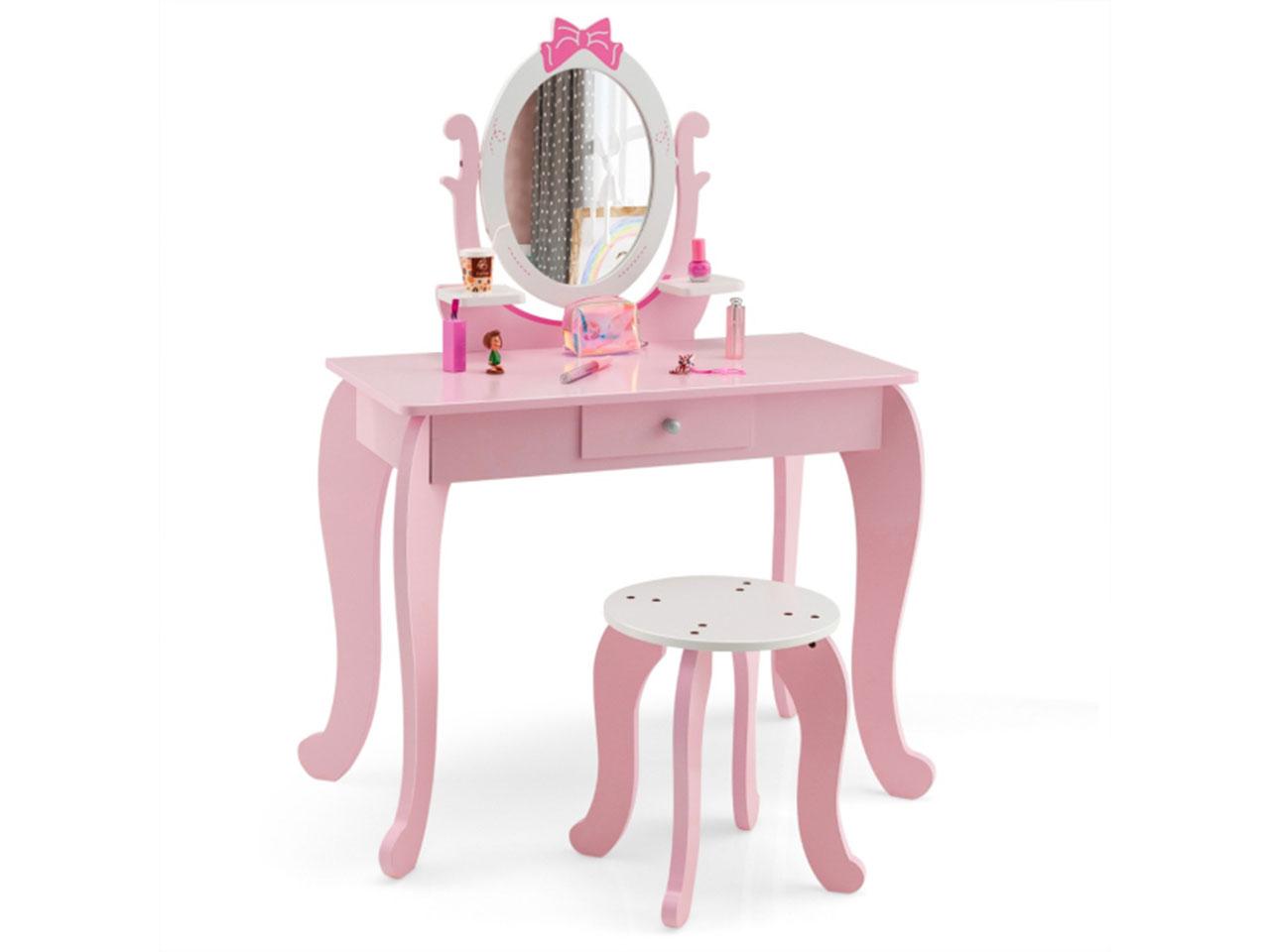 Dětský toaletní stolek HY10089PI, 2v1, s taburetem, pro děti ve věku 3-7 let, růžová + bílá