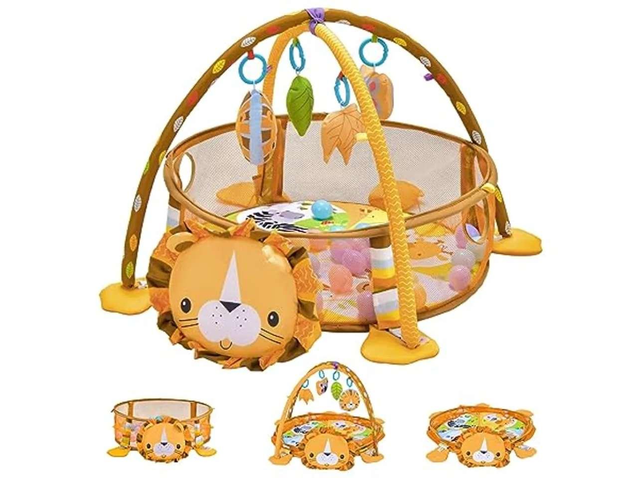 Dětská hrací podložka BE10024, 4v1, se 4 závěsnými hračkami, lví taška a 30 oceánských míčků, od narození