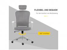 Kancelářská židle 921-327GY, s funkcí kolébky, výškově nastavitelná, ergonomická otočná židle s područkou, opěrka hlavy, sametový vzhled, 63 x 64 x 118-128 cm, světle šedá