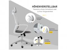 Kancelářská židle 921-327GY, s funkcí kolébky, výškově nastavitelná, ergonomická otočná židle s područkou, opěrka hlavy, sametový vzhled, 63 x 64 x 118-128 cm, světle šedá